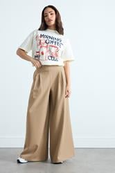 PixieGirl Petite Women's Natural Brown Pleat Front Palazzo Trousers | PixieGirl 1