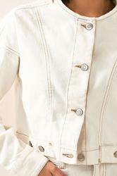PixieGirl Petite Women's Cream Denim Contrast Stitch Collarless Jacket | PixieGirl 4