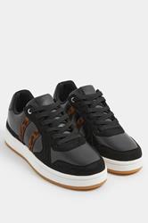 Black Leopard Print Padded Lace Up Trainers In Wide E Fit