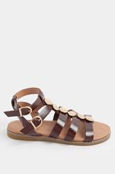 Chocolate Brown Hammered Disk Gladiator Sandals In Wide E Fit | Yours Clothing 2