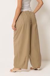 PixieGirl Petite Women's Stone Brown Pleated Cotton Barrel Trousers | PixieGirl  2