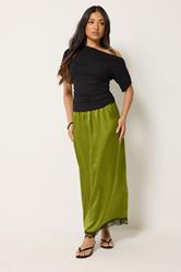 PixieGirl Petite Women's Olive Green Lace Hem Satin Maxi Skirt | PixieGirl 3