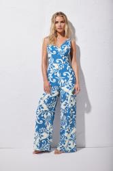PixieGirl Petite Women's Blue Leaf Print Wide Leg Jumpsuit | PixieGirl 1