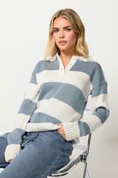 PixieGirl Petite Women's Blue Stripe Knitted Rugby Jumper | PixieGirl 1