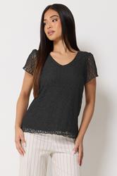 M&Co Petite Black Lace Short Sleeve V-Neck Top | M&Co 3