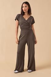 PixieGirl Petite Women's Chocolate Brown Wrap Wide Leg Jumpsuit | PixieGirl 1