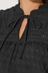 PixieGirl Petite Women's Black Crinkle Crochet Tie Neck Blouse | PixieGirl 5