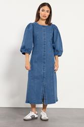 PixieGirl Petite Women's Mid Blue Puff Sleeve Midi Dress | PixieGirl 4