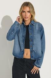 PixieGirl Petite Women's Blue Denim Tie Neck Shirt | PixieGirl 2