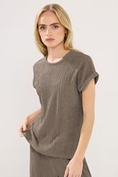 PixieGirl Petite Mocha Brown Textured Short Sleeve Top | PixieGirl 1