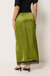 PixieGirl Petite Women's Olive Green Lace Hem Satin Maxi Skirt | PixieGirl 2
