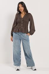 PixieGirl Petite Women's Chocolate Brown Shirred Long Sleeve Shirt | PixieGirl 2