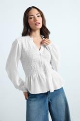 PixieGirl Petite Women's White Shirred Long Sleeve Shirt | PixieGirl 1