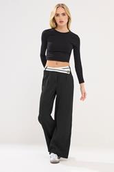 PixieGirl Petite Women's Black Cross Over Contrast Waistband Trousers | PixieGirl 1