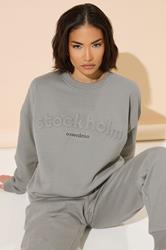 PixieGirl Petite Women's Grey 'Stockholm' Slogan Embossed Sweatshirt | PixieGirl 2