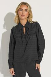 PixieGirl Petite Women's Black Crinkle Crochet Tie Neck Blouse | PixieGirl 2