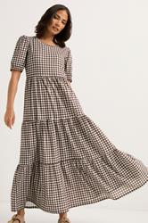 PixieGirl Petite Women's Brown Gingham Tiered Maxi Dress | PixieGirl 1