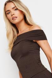 Petite Chocolate Brown Ribbed Bardot Top | PixieGirl 4