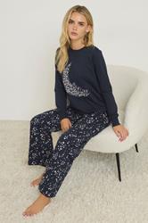 PixieGirl Petite Women's Navy Blue 'Night Sky' Slogan Wide Leg Pyjama Set | PixieGirl 1