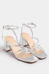 Silver Aysmmetric Strappy Block Heels In Standard Fit | Yours Clothing 2