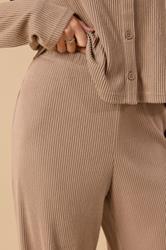 PixieGirl Petite Women's Camel Brown Ribbed Wide Leg Trousers | PixieGirl 5