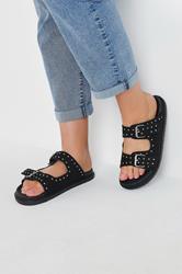 Black Studded Buckle Strap Sandals In Extra Wide EEE Fit | Yours Clothing 1