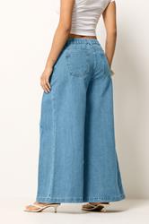 PixieGirl Petite Women's Mid Blue Pleated Palazzo Wide Leg Jeans | PixieGirl 2