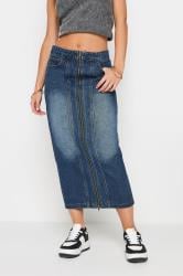 PixieGirl Petite Women's Blue Denim Zip Front Midi Skirt | PixieGirl 2