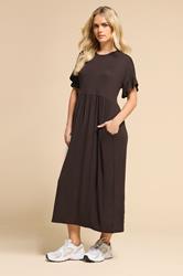 PixieGirl Petite Women's Brown Frill Sleeve Smock Midaxi Dress | PixieGirl 1