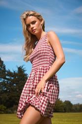 PixieGirl Petite Women's Red Gingham Shirred Bubble Hem Mini Dress | PixieGirl 2