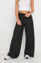 PixieGirl Petite Womens Black Ribbed Wide Leg Trousers | PixieGirl 2