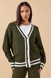PixieGirl Petite Women's Khaki Green Contrast Cable Knit Cardigan | PixieGirl 1