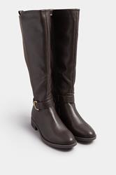 Tan Brown Buckle Stretch Back Knee High Boots In Standard Fit | Yours Clothing 1