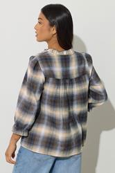 PixieGirl Petite Women's Blue Brushed Check Tie Front Smock Top | PixieGirl 3