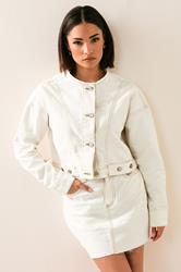 PixieGirl Petite Women's Cream Denim Contrast Stitch Collarless Jacket | PixieGirl 1