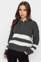 PixieGirl Petite Grey Stripe Knit Zip Collar Jumper | PixieGirl 1