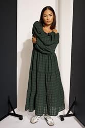PixieGirl Petite Women's Green Crinkle Check Tiered Dress | PixieGirl 2
