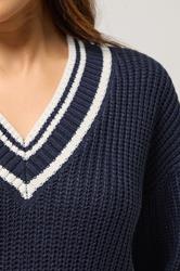 PixieGirl Petite Women's Navy Blue Contrast V-Neck Jumper | PixieGirl 5