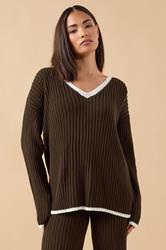 PixieGirl Petite Women's Chocolate Brown Knitted V-Neck Jumper | PixieGirl 1