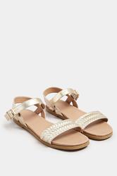 Gold Faux Leather Woven Sandals In Extra Wide EEE Fit