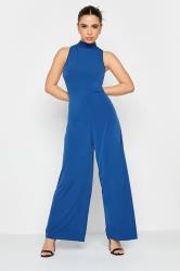 Petite Blue Halter Neck Wide Leg Jumpsuit | PixieGirl 1