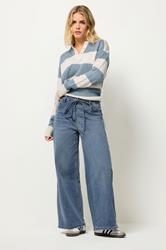 PixieGirl Petite Women's Blue Mid Wash Belt Tie Wide Leg Jeans | PixieGirl  1
