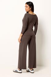 PixieGirl Petite Women's Set Chocolate Brown Wrap Top & Wide Leg Trousers | PixieGirl 2