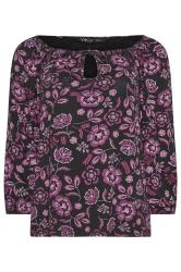 M&Co Petite Black & Purple Floral Print Tie Neck Top | M&Co 6