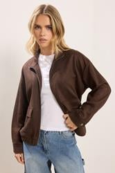 PixieGirl Petite Women's Chocolate Brown Faux Suede Bomber Jacket | PixieGirl 1