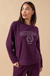 PixieGirl Petite Women's Burgundy Red 'Weekend' Slogan Fleece Lounge Top | PixieGirl 1