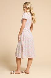 PixieGirl Petite Women's Pink Ditsy Puff Sleeve Midi Dress | PixieGirl 3