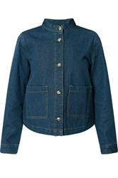 PixieGirl Petite Women's Indigo Blue Collarless Denim Jacket | PixieGirl 5