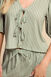 PixieGirl Petite Women's Sage Green Stripe Tie Front Top & Shorts Set | PixieGirl 6