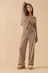 PixieGirl Petite Women's Camel Brown Ribbed Wide Leg Trousers | PixieGirl 2